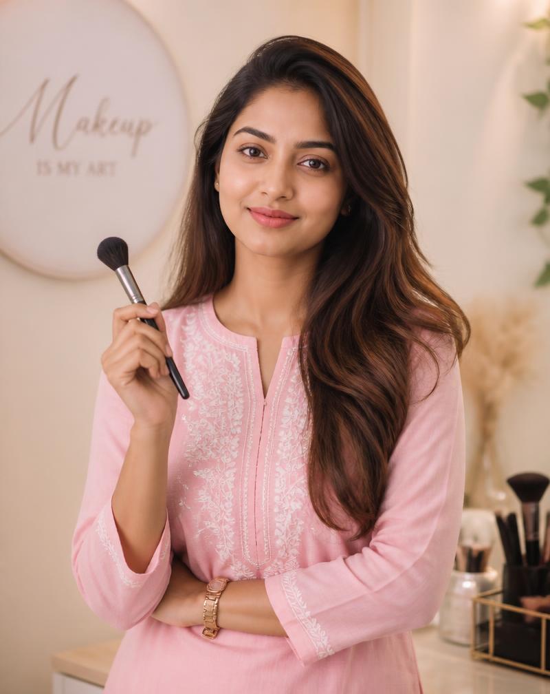 Sanjana, makeup artist, holding a makeup brush in her studio