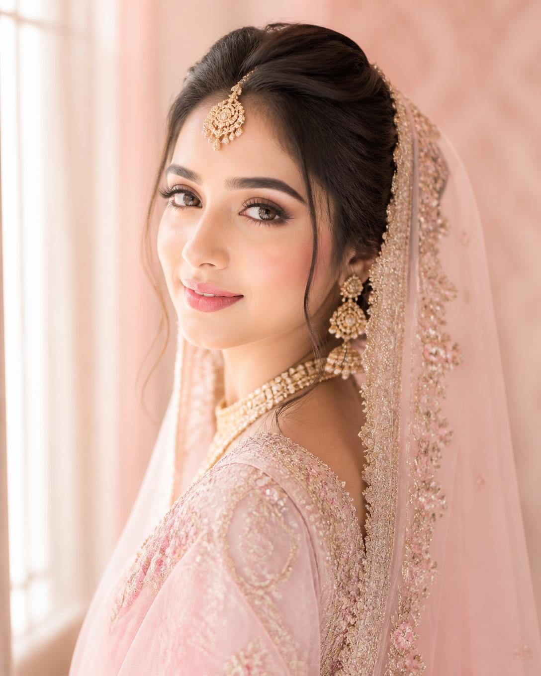Bride wearing soft HD bridal makeup with a pale pink dupatta